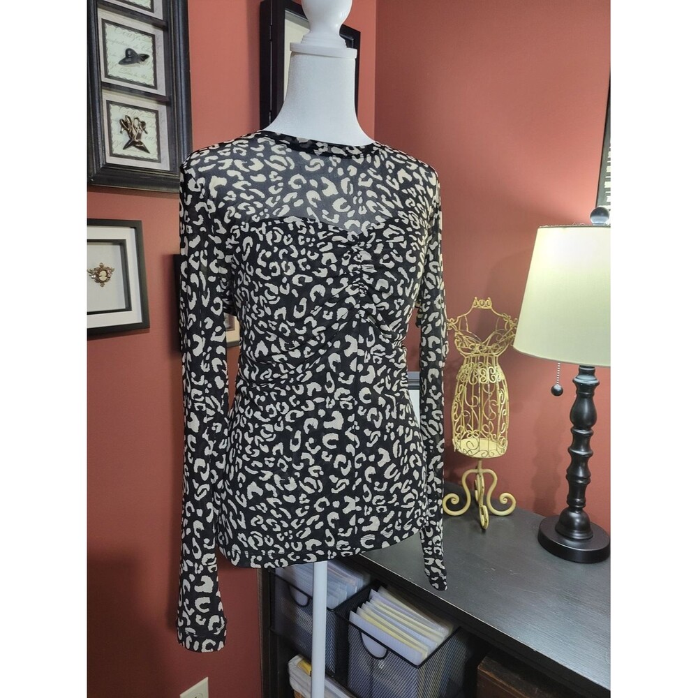 CAbi Women's Medium Black and Cream Leopard Print Sheer Long-Sleeve Whimsigoth C